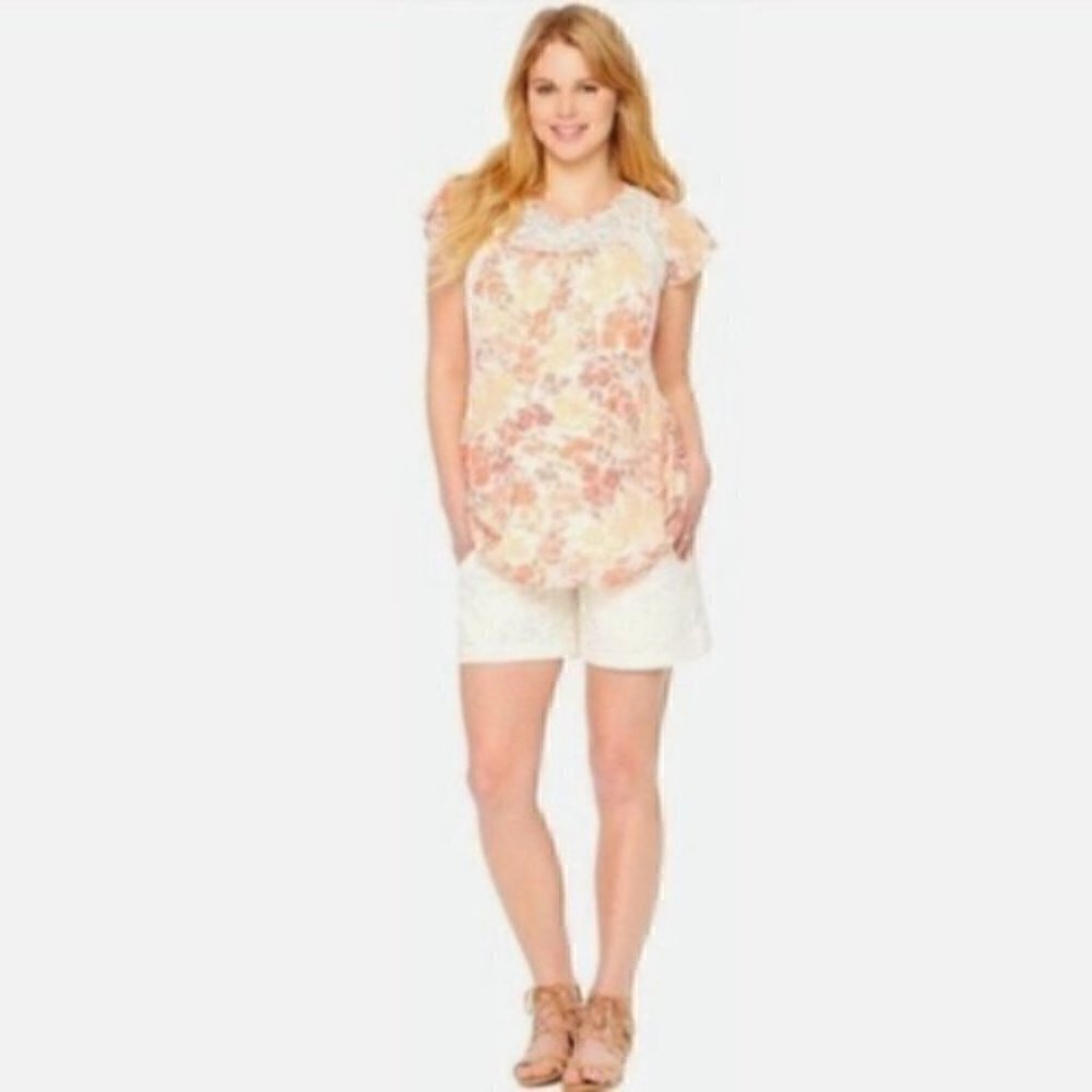 Motherhood Maternity Shirt S Flutter Sleeve Lace Panels Floral